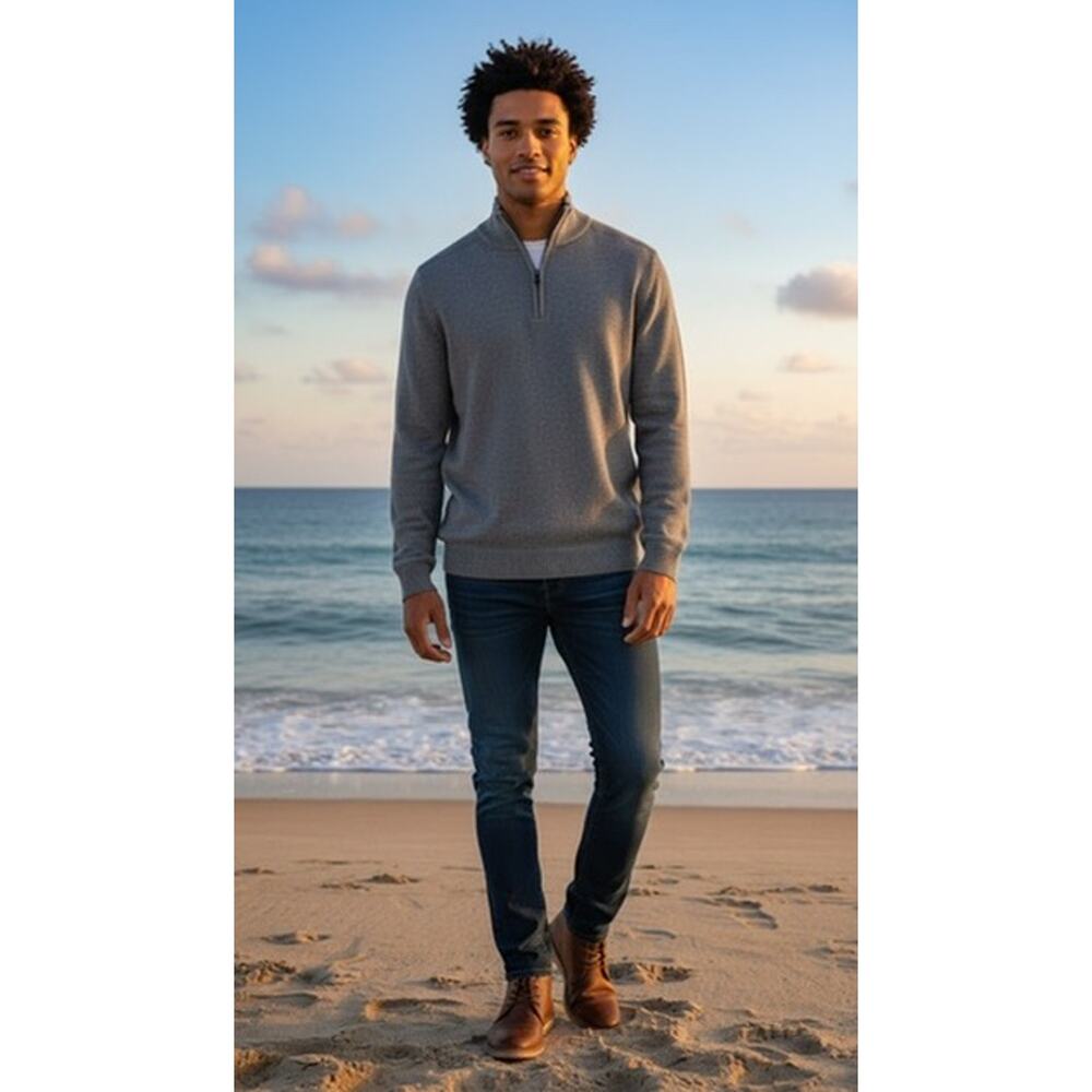 Calvin Klein Men's Sweater Size Medium Gray 1/4 Zip Mock Neck Pullover Rib Knit‎